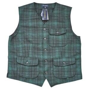 Mens 2XL Green Plaid Vest Hunting Wool Felt Button Up Piombo Italy Quiet Luxury